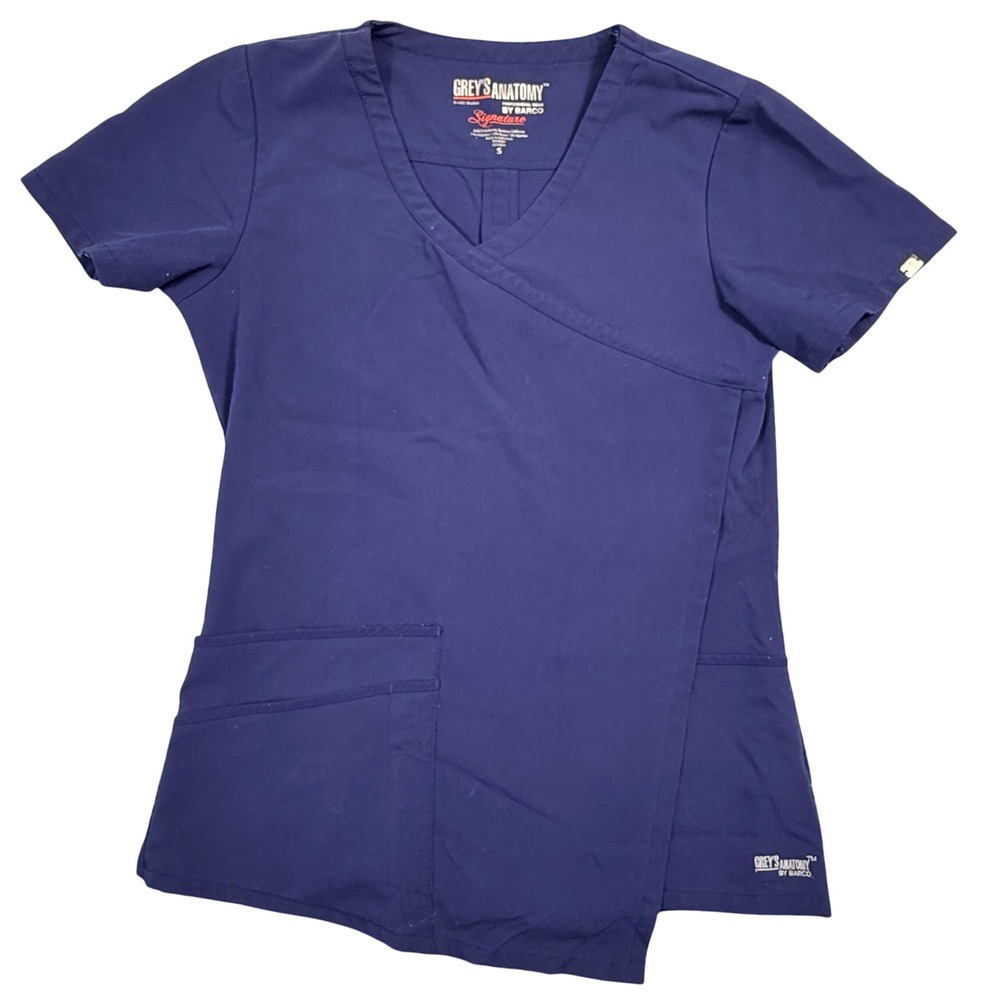 Greys Anatomy by Barco Signature Scrub Top Navy Blue Mock Wrap Womens Small EUC